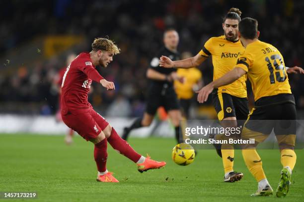 Harvey Elliott of Liverpool scores the team's first goal during the Emirates FA Cup Third Round Replay match between Wolverhampton Wanderers and...