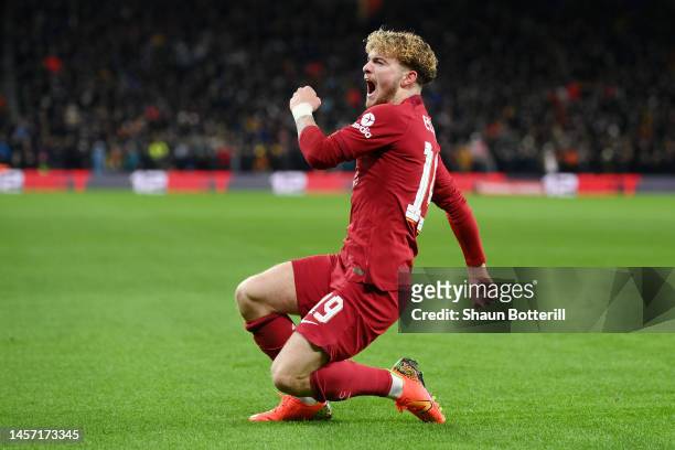 Harvey Elliott of Liverpool celebrates after scoring the team's first goal during the Emirates FA Cup Third Round Replay match between Wolverhampton...