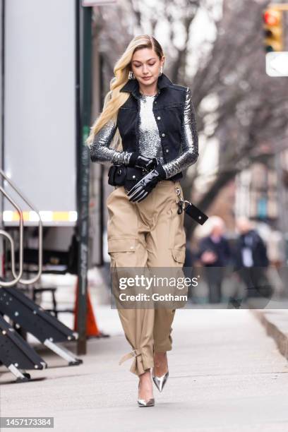 Gigi Hadid is seen during a photo shoot for Maybelline in Midtown on January 17, 2023 in New York City.