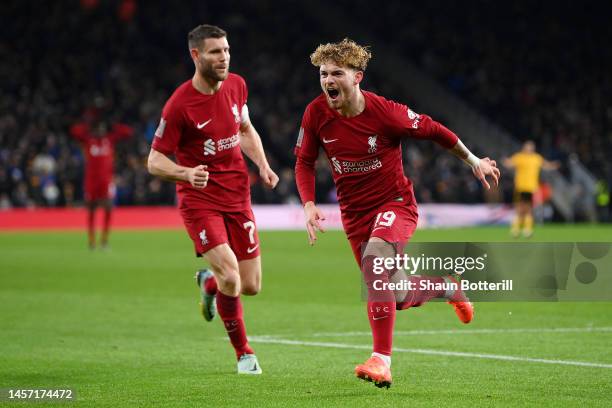 Harvey Elliott of Liverpool celebrates after scoring the team's first goal during the Emirates FA Cup Third Round Replay match between Wolverhampton...