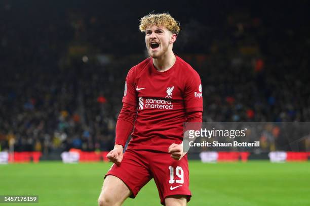 Harvey Elliott of Liverpool celebrates after scoring the team's first goal during the Emirates FA Cup Third Round Replay match between Wolverhampton...
