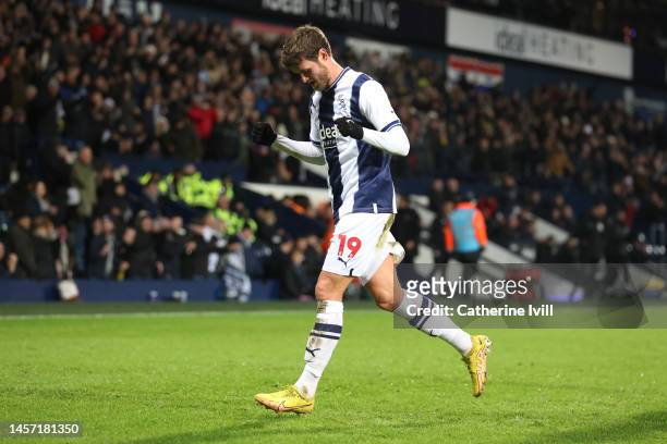 John Swift of West Bromwich Albion celebrates after scoring the team's first goal during the Emirates FA Cup Third Round Replay match between West...