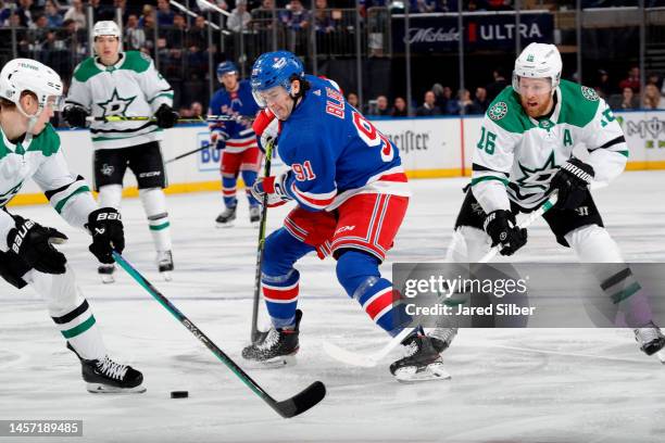 Sammy Blais of the New York Rangers skates with the puck against the Dallas Stars at Madison Square Garden on January 12, 2023 in New York City.