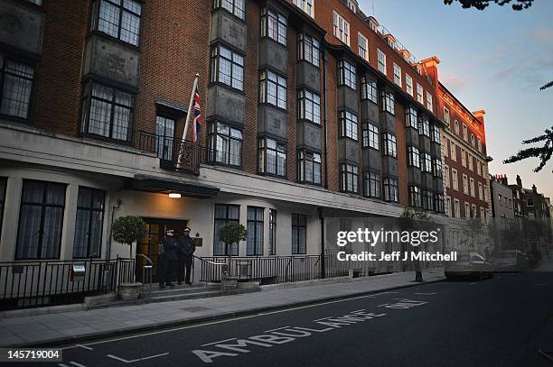 Police stand outside of King Edward VII Hospital where Prince Philip, Duke of Edinburgh was today admitted with a bladder infection on June 4, 2012...
