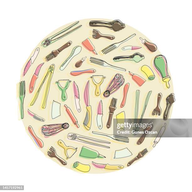 high-end food knolling, top down view of kitchen utensils, kitchen tools, food making preparing tools - basting brush stock illustrations