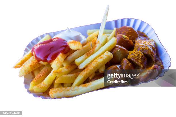 french fries and currywurst - cut out - currywurst stock pictures, royalty-free photos & images