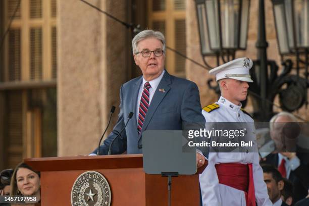Texas Lieutenant Gov. Dan Patrick speaks after being sworn in during his inauguration ceremony at the Texas State Capitol on January 17, 2023 in...
