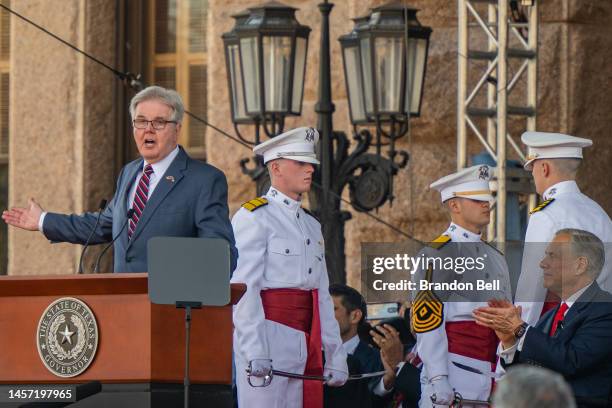 Texas Lieutenant Gov. Dan Patrick speaks after being sworn in during his inauguration ceremony at the Texas State Capitol on January 17, 2023 in...