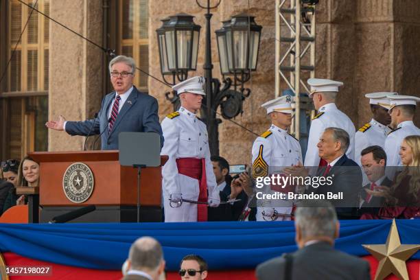 Texas Lieutenant Gov. Dan Patrick speaks after being sworn in during his inauguration ceremony at the Texas State Capitol on January 17, 2023 in...