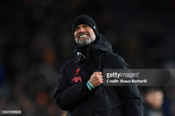 Jurgen Klopp, Manager of Liverpool, celebrate following the team's victory in the Emirates FA Cup Third Round Replay match between Wolverhampton...