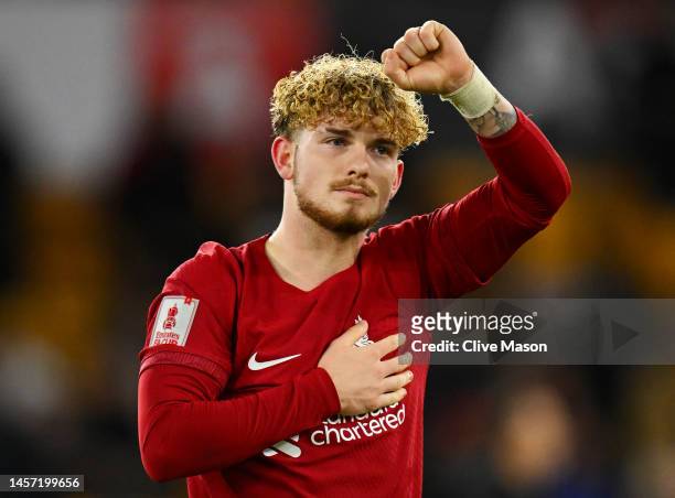 Harvey Elliott of Liverpool celebrate following the team's victory in the Emirates FA Cup Third Round Replay match between Wolverhampton Wanderers...