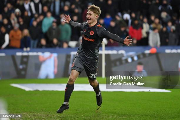 Sam Bell of Bristol City celebrates after scoring the team's second goal during the Emirates FA Cup Third Round Replay match between Swansea City and...