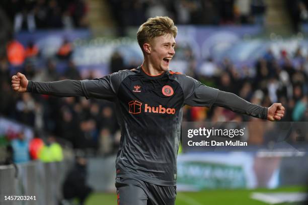 Sam Bell of Bristol City celebrates after scoring the team's second goal during the Emirates FA Cup Third Round Replay match between Swansea City and...