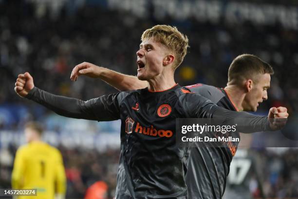 Sam Bell of Bristol City celebrates after scoring the team's second goal during the Emirates FA Cup Third Round Replay match between Swansea City and...