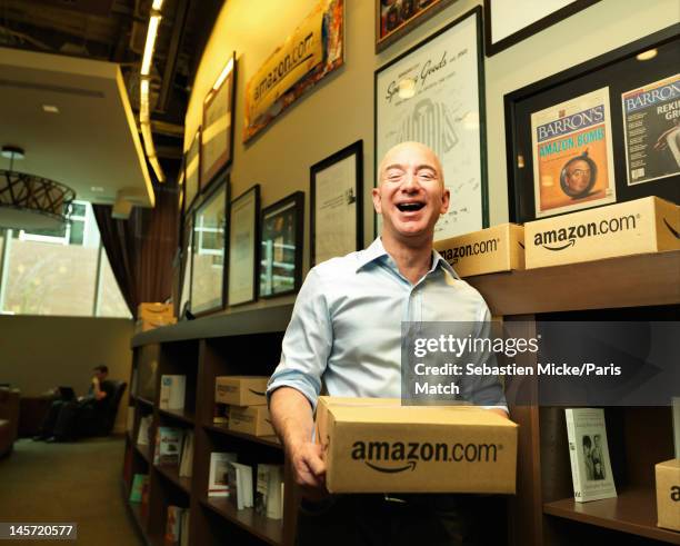 Businessman Jeff Bezos photographed at Amazon headquarters for Paris Match on February 13, 2012 in Seattle, Washington.