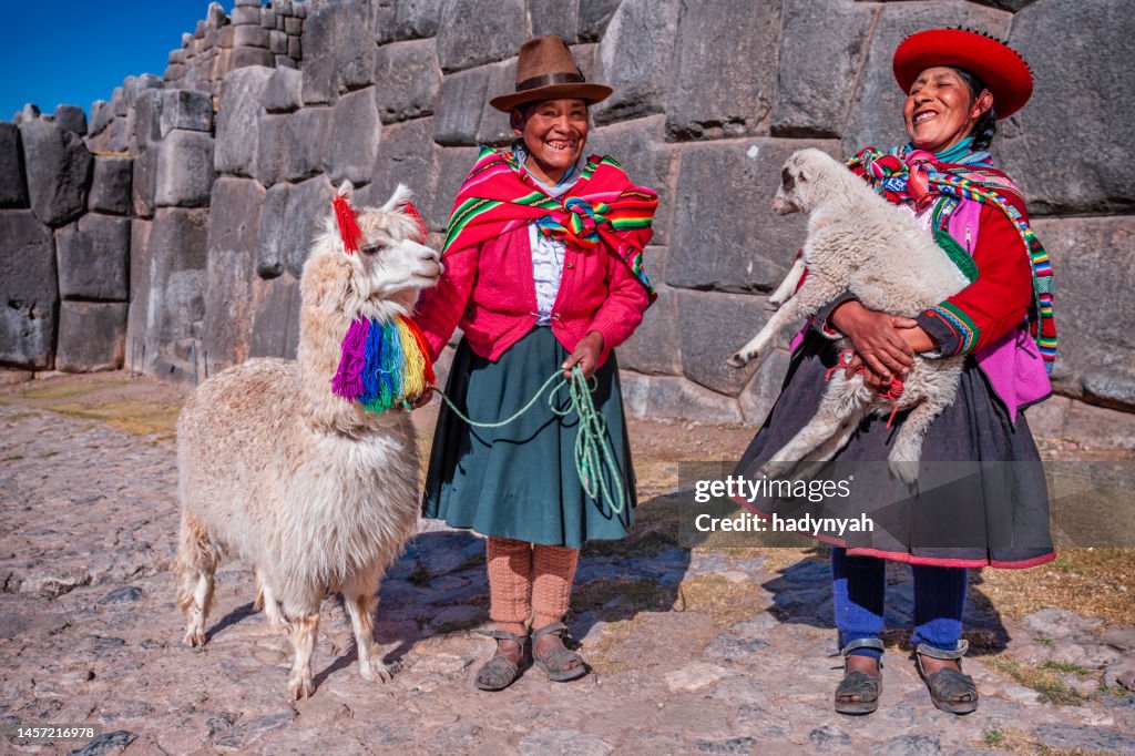 Peruvian women wearing national clothing posing with llamas near Cuzco