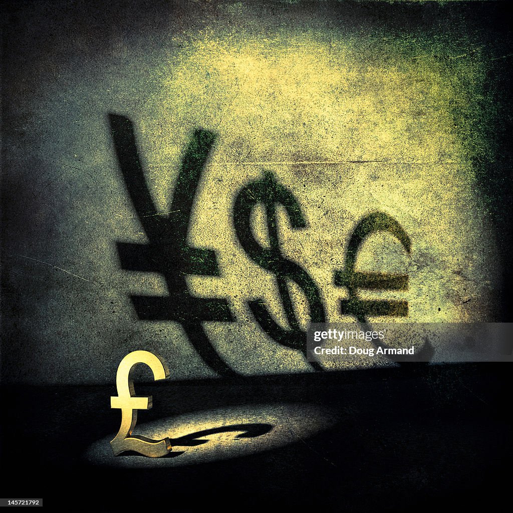 A pound symbol with shadows of other currencies