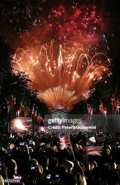 Fireworks over Buckingham Palace mark the end of The Diamond Jubilee Concert from The Mall on June 4, 2012 in London, England. For only the second...