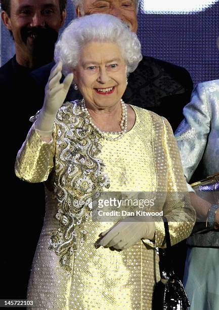 Queen Elizabeth II on stage during the Diamond Jubilee concert at Buckingham Palace on June 4, 2012 in London, England. For only the second time in...