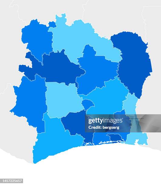 bildbanksillustrationer, clip art samt tecknat material och ikoner med high detailed cote d'ivoire (ivory coast) blue map with regions and national borders - elfenbenskusten
