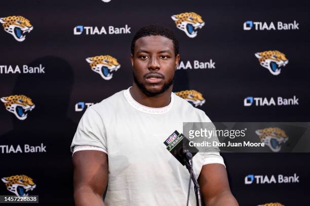 Linebacker Foyesade Oluokun of the Jacksonville Jaguars talk with the media during the post game press conference after winning the AFC Wild Card...
