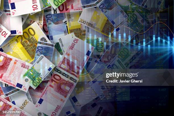 euro cash bills and stock market indicators - design grafico imagens e fotografias de stock