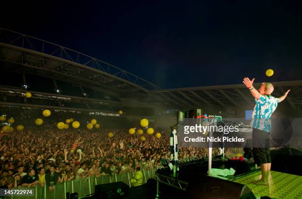 Fatboy Slim performs at Amex Stadium on June 2, 2012 in Brighton, England.