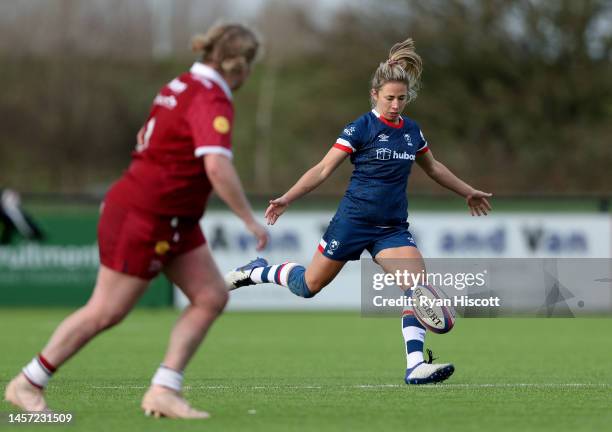 Elinor Snowsill of Bristol Bears kicks the ball at the restart during the Allianz Premier 15s match between Bristol Bears and Sale Sharks at...