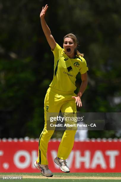 Annabel Sutherland of Australia celebrates dismissing Bismah Maroof of Pakistan during game two in the Women's One Day International series between...