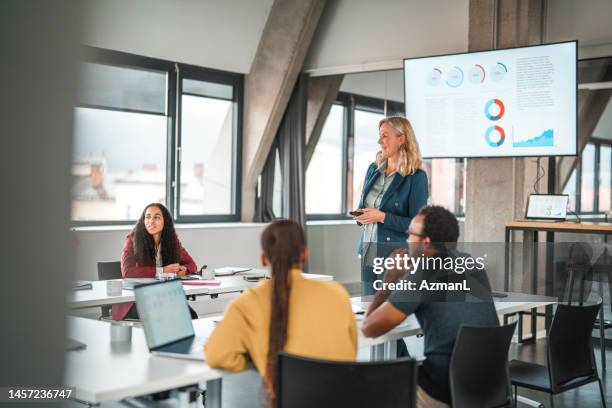 blonde frau präsentiert arbeitsergebnisse vor einem gemischtrassigen team - mixed race young creatives in meeting stock-fotos und bilder