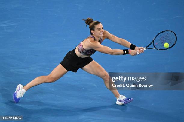 Maria Sakkari of Greece plays a backhand in their round two singles match against Diana Shnaider during day three of the 2023 Australian Open at...