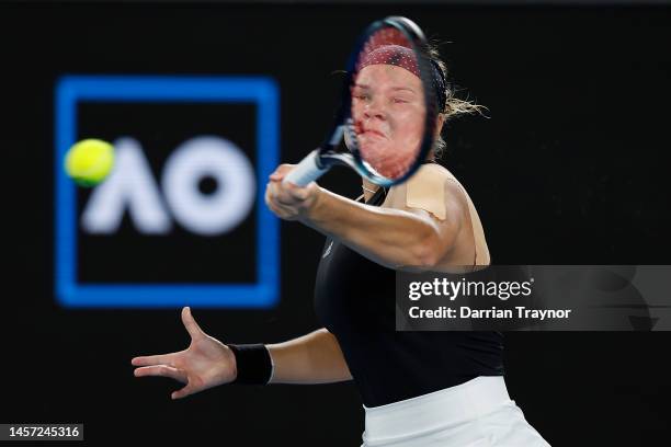 Diana Shnaider plays a forehand in their round two singles match against Maria Sakkari of Greece during day three of the 2023 Australian Open at...