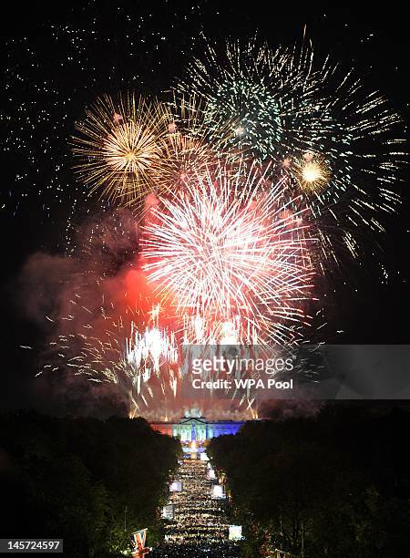 Fireworks display outside Buckingham Palace marks the end of the Jubilee concert, a part of the Diamond Jubilee celebrations, on June 4, 2012 in...