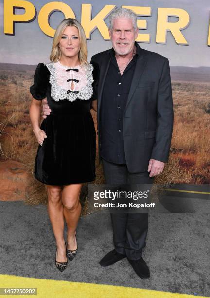 Allison Dunbar and Ron Perlman attend the Los Angeles premiere for the Peacock original series "Poker Face" at Hollywood Legion Theater on January...