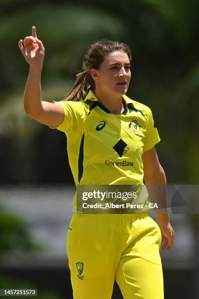 Annabel Sutherland of Australia celebrates dismissing Sidra Nawaz of Pakistan during game two in the Women's One Day International series between...