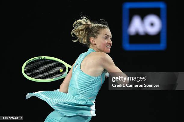 Aliaksandra Sasnovich plays a forehand in their round two singles match against Jessica Pegula of the United States during day three of the 2023...