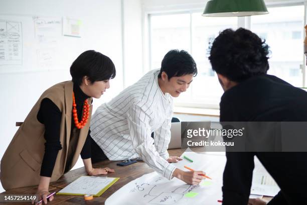 profesionales vestidos de manera informal que se reúnen alrededor de una mesa en una oficina elegante - only japanese fotografías e imágenes de stock