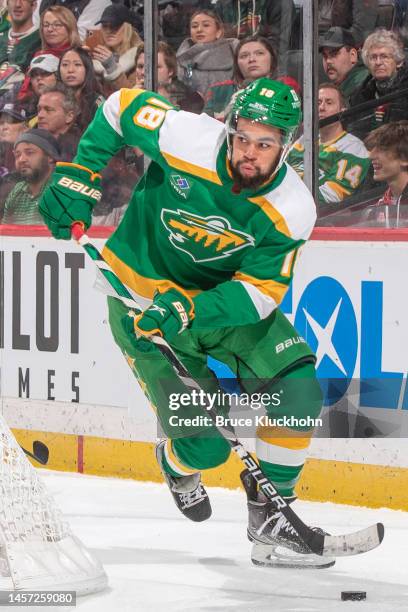 Jordan Greenway of the Minnesota Wild skates with the puck against the Tampa Bay Lightning during the game at the Xcel Energy Center on January 4,...