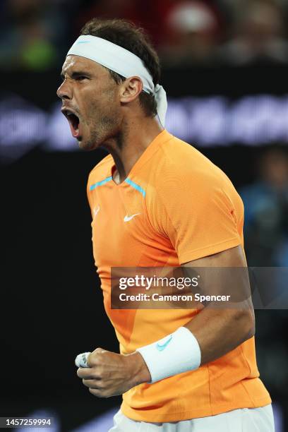 Rafael Nadal of Spain reacts in their round two singles match against Mackenzie McDonald of the United States during day three of the 2023 Australian...