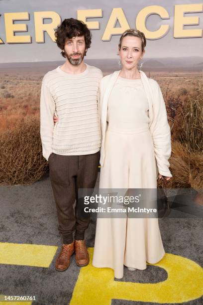 Simon Helberg and Jocelyn Towne attend the Los Angeles premiere for the Peacock original series "Poker Face" at Hollywood Legion Theater on January...