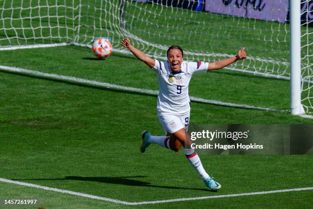 Mallory Swanson of USA celebrates after scoring a goal during the International friendly fixture match between the New Zealand Football Ferns and the...