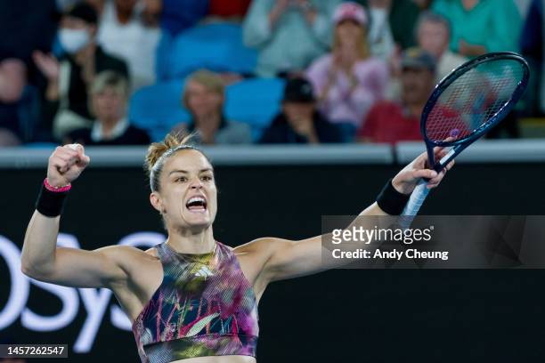 Maria Sakkari of Greece celebrates victory in her round two singles match against Diana Shnaider during day three of the 2023 Australian Open at...