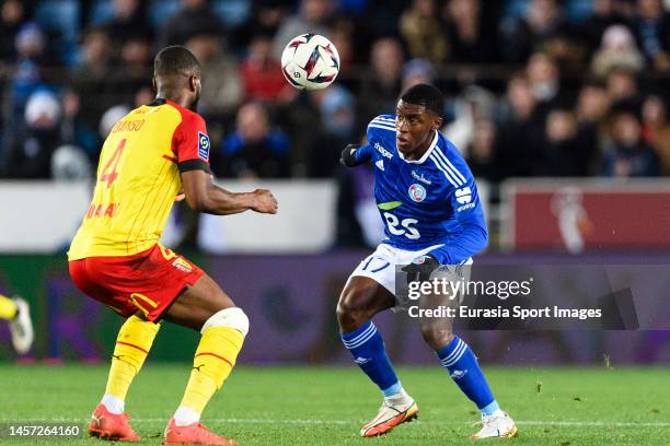 Jean-Ricner Bellegarde of RC Strasbourg plays against Kevin Danso of Lens during the Ligue 1 match between RC Strasbourg and RC Lens at Stade de la...