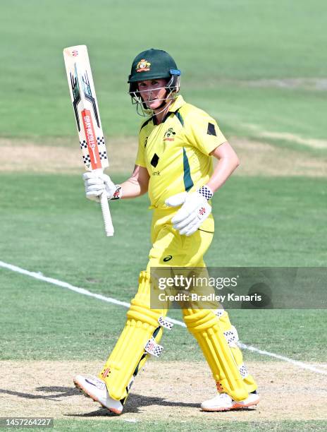Beth Mooney of Australia celebrates scoring a half century during game two of the Womens One Day International series between Australia and Pakistan...