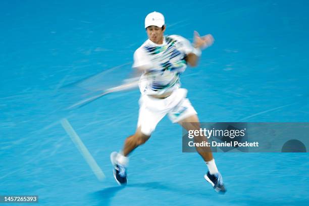 Mackenzie McDonald of the United States plays a forehand in their round two singles match against Rafael Nadal of Spain during day three of the 2023...