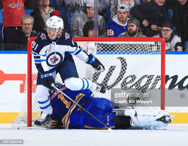 Kyle Connor of the Winnipeg Jets scores goal during an NHL game against Ukko-Pekka Luukkonen of the Buffalo Sabres on January 12, 2023 at KeyBank...