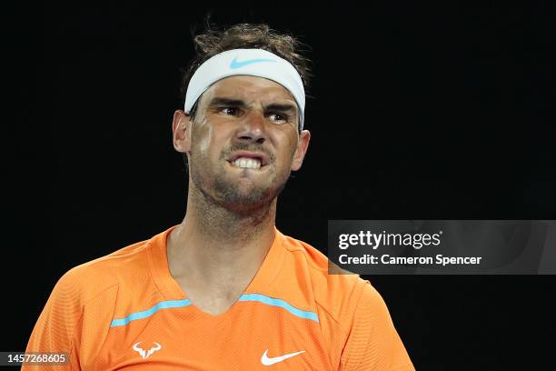 Rafael Nadal of Spain reacts in their round two singles match against Mackenzie McDonald of the United States during day three of the 2023 Australian...