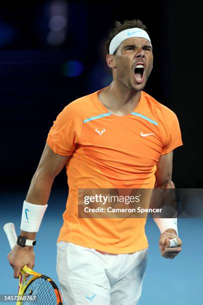 Rafael Nadal of Spain reacts in their round two singles match against Mackenzie McDonald of the United States during day three of the 2023 Australian...