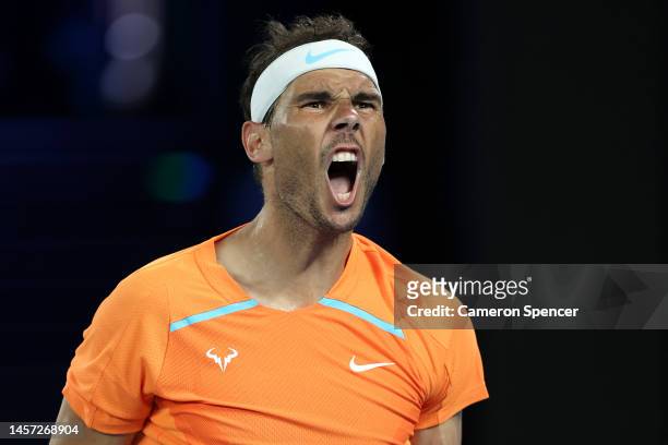 Rafael Nadal of Spain reacts in their round two singles match against Mackenzie McDonald of the United States during day three of the 2023 Australian...