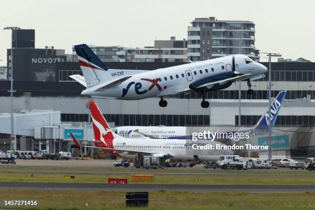 Qantas flight QF144 berths at a gate at Sydney Airport on January 18, 2023 in Sydney, Australia. Emergency services were on standby at Sydney Airport...